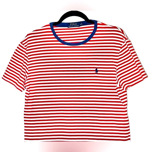 Polo Ralph Lauren Red & White Striped Crewneck Shirt w/ Blue Collar Trim, Small - Picture 3 of 10